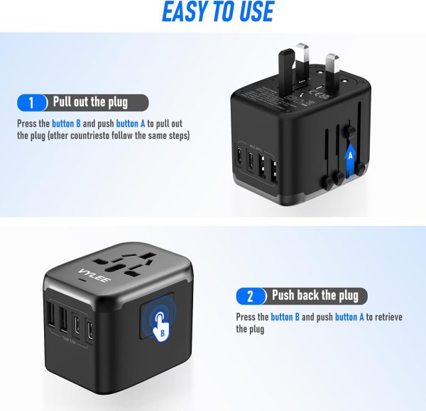 Universal International Power Travel Plug Adapter, 5 in 1 European Travel Plug Adapter W/ 3.5A 2xUSB-A and 2xUSB C Wall Charger and Worldwide AC Outlet for Europe USA UK AUS Asia (Black Grey) - Image 4